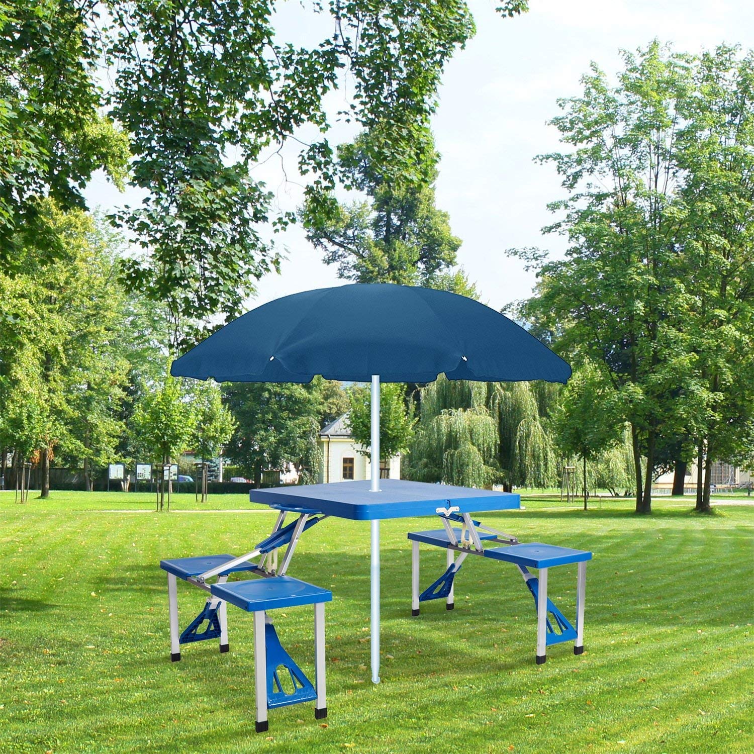 Portable Folding Picnic Table with 4 Seats,Lightweight Plastic Outdoor Camping Suitcase Table with Chairs,Blue