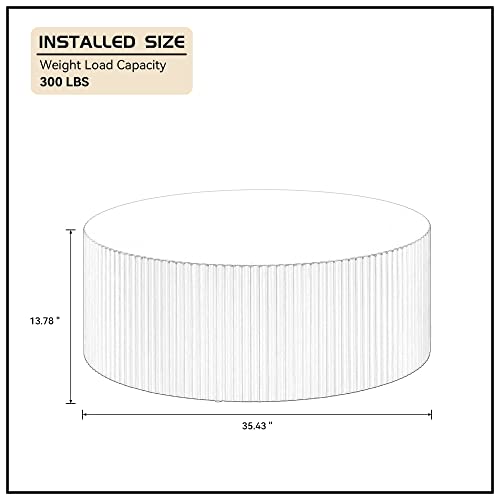 Round Coffee Table, Modern Side Table End Table for Living Room, Wood Circle Drum Coffee Table with Handcrafted Relief, Contemporary Living Center Table, White