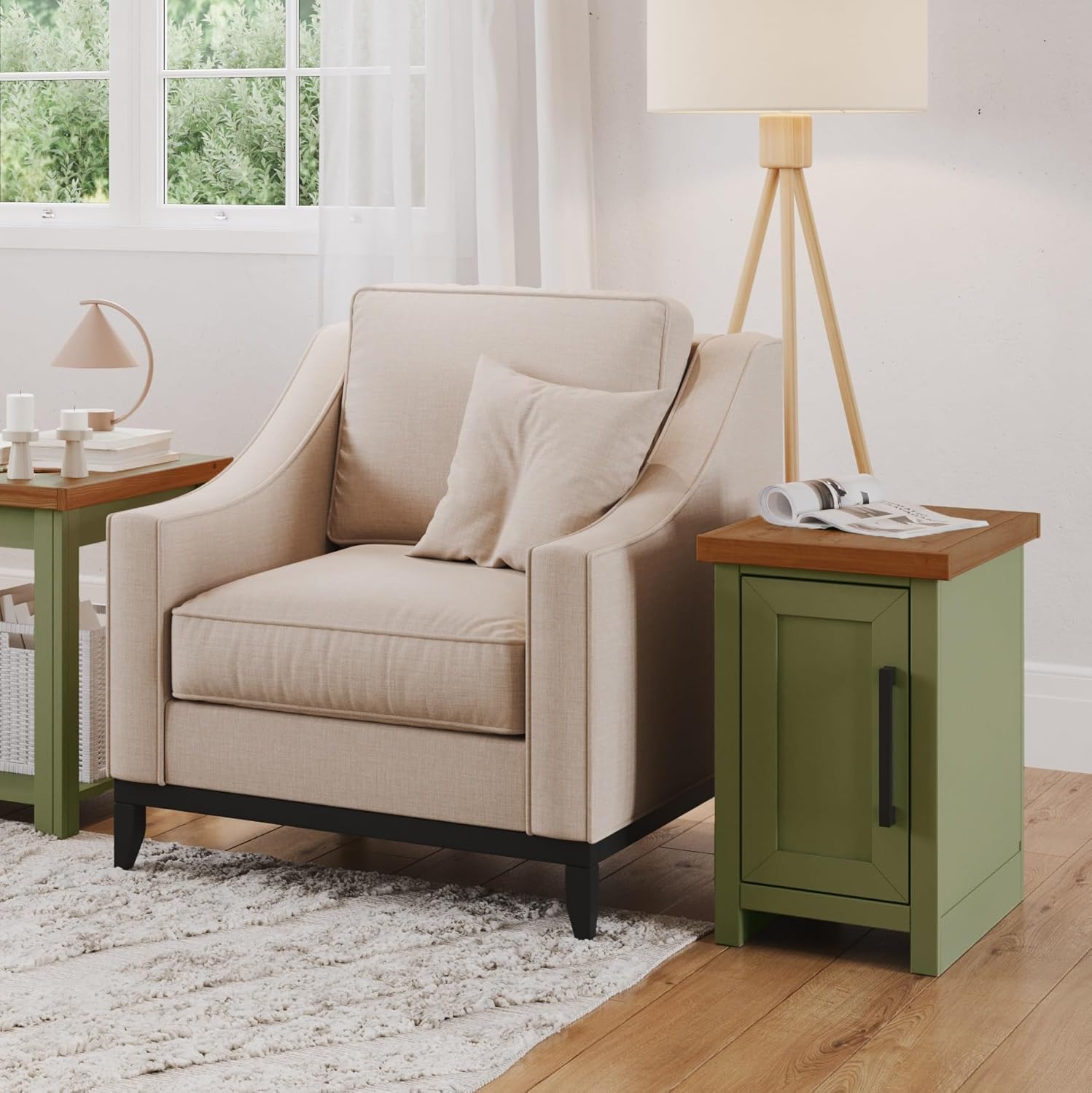 Bridgevine Home Vineyard 14 inch Chairside Table, No Assembly Required, Sage Green and Fruitwood Finish