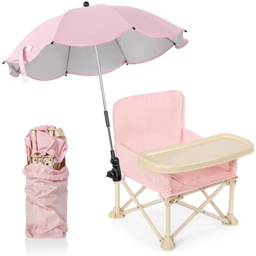 Outdoor Beach Chair with Umbrella Travel Booster Seat with Tray Compact Folding Chair Portable Booster Chair with Storage Bag, Backrest Pocket for Dining Table, Camping (Baby Pink)
