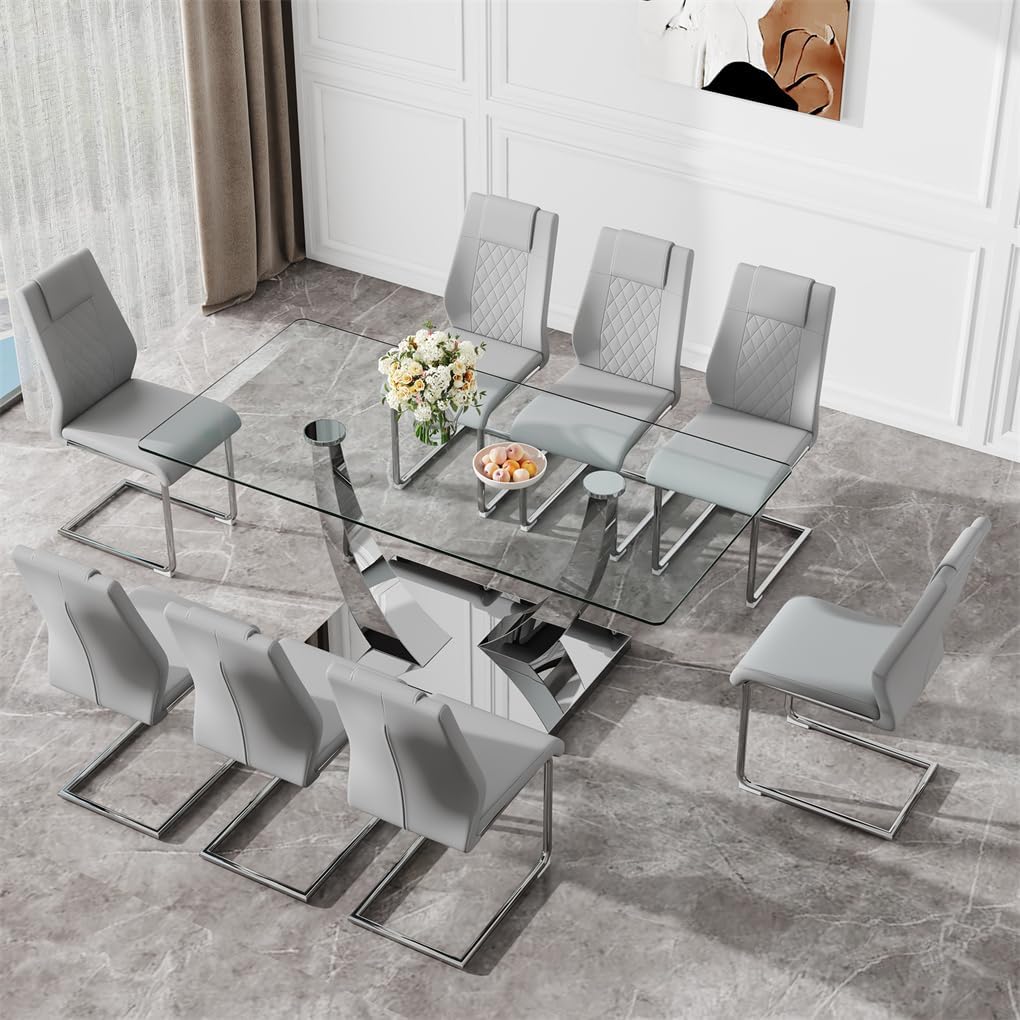 Glass Dining Table Set for 8, 71''Modern Tempered Glass Dining Table Set, 9 Pieces Kitchen Table and PU Cusion Dining Chairs for 8(A Style: Glass Sliver Table + Gray L Chair, 71''Table *8 Chairs)