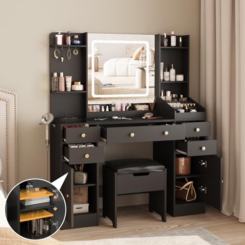 Vabches Vanity Desk with Lights, Makeup Vanity Table with Charging Station, 44.9in Big Vanity Set with 5 Drawers & Lots Storage Space, White
