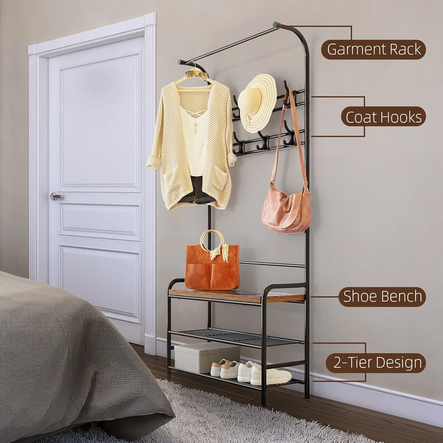 IDEALHOUSE Hall Tree, Entryway Bench, Coat Rack Freestanding Shoe Bench, 3 in 1 Hall Tree Entryway Storage Bench, Multifunction Bench with Steel Frame, 8 Large Hooks, 3-Tier Storage Shelf