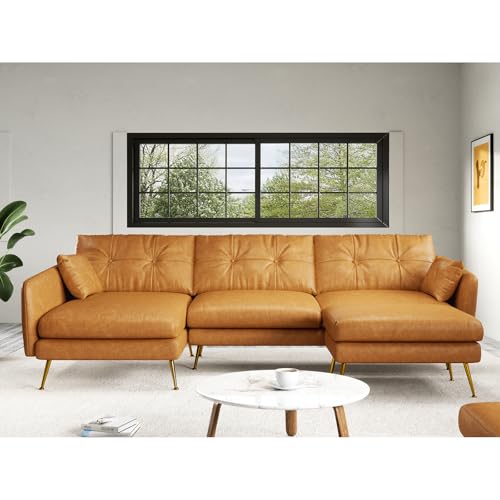 Faux Leather Couches for Living Room, 3 Seater Futon Sofa Bed Sleeper Sofa, Modern Comfy Deep Seat Couch Filling Down and Cotton, Sturdy Legs, Elegant Tan