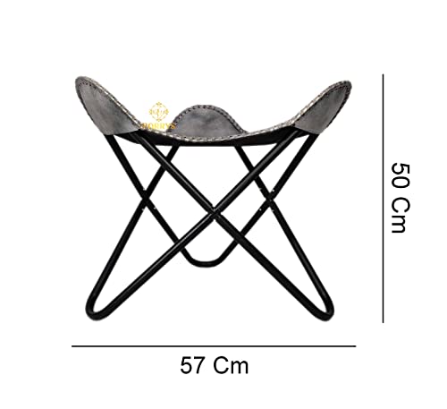 Brown Leather Butterfly Chair Stool – Handmade Leather Ottoman – Iron Frame Furniture Stool – Living Room Comfortable Footrest Foot Stool - Lounge Office Stool