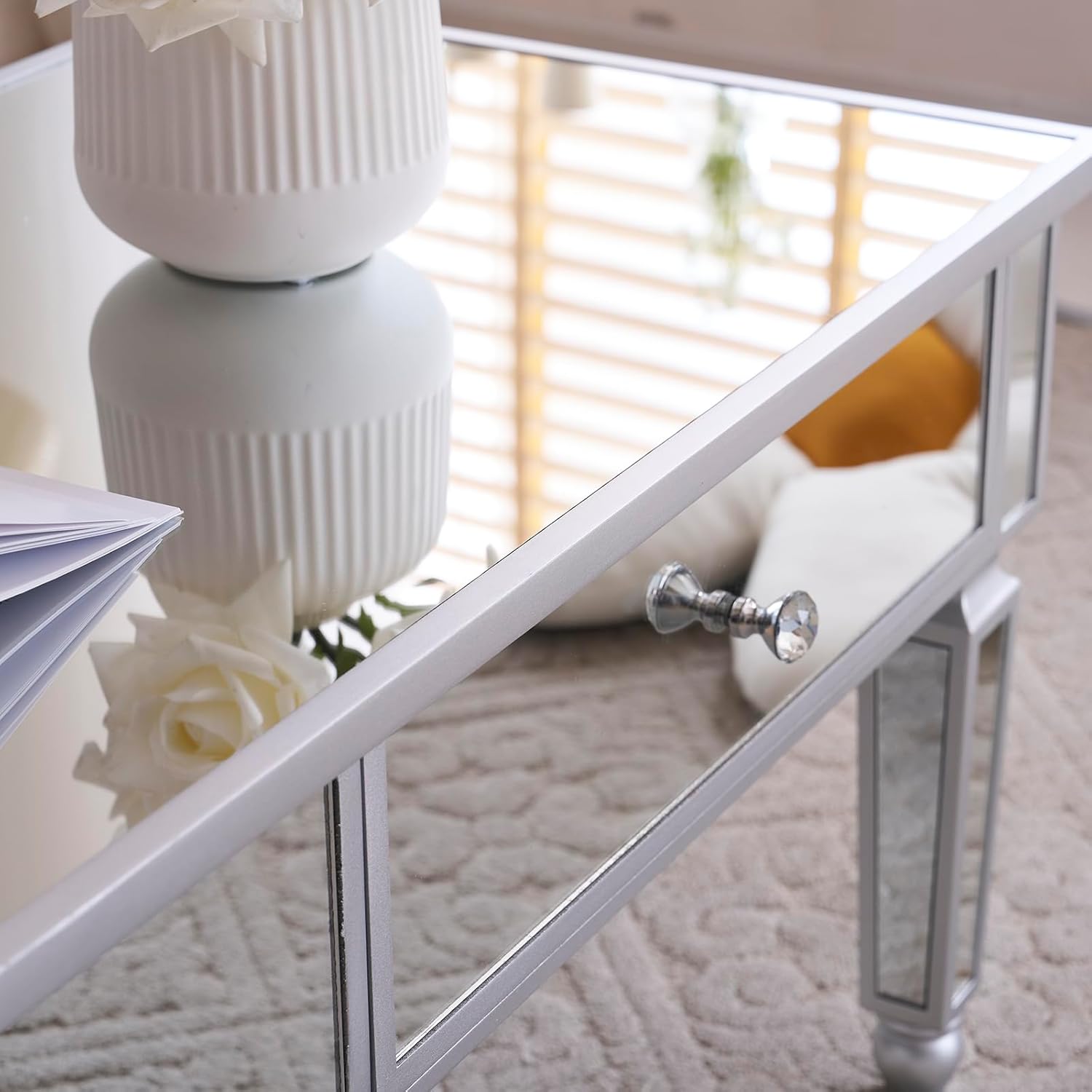 Mirrored Coffee Table with LED Lights and 2 Drawers, Rectangle Modern Cocktail Table for Living Room Office, Silver