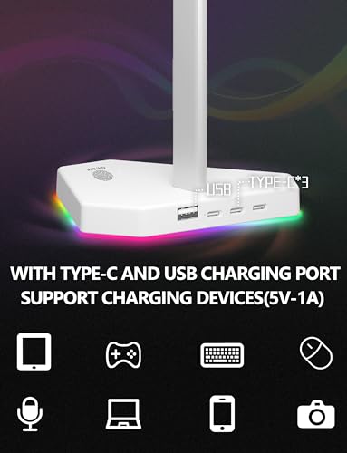 RGB Headphone Stand with 2 USB-C Charging Port and 1 USB Charging Port, Desk Gaming Headset Holder with 7 Light Modes and Non-Slip Rubber Base Suitable for All Earphone Accessories (White)