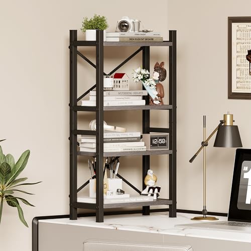 Desktop Bookshelf, 4-Tier Stackable Narrow Desk Bookcase, Adjustable Industrial Desk Organizer Display Shelf, Wood Desktop Book Organizer for Living Room, Bedroom and Home Office-Rustic Brown