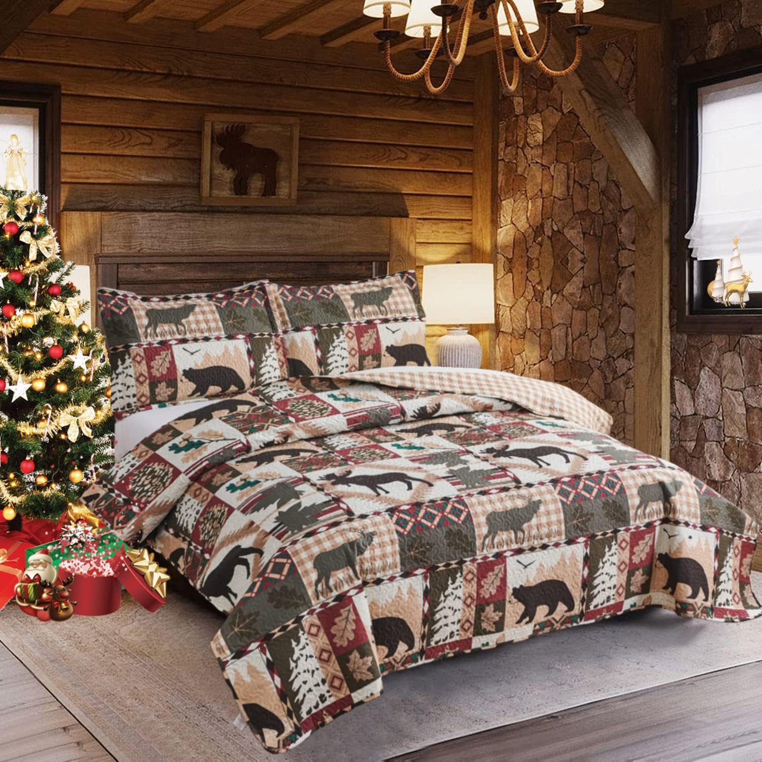 3 Piece Rustic Quilts Set King Size Bedspreads, Lightweight Lodge Quilt Bedding Sets Comforter with 2 Pillow Shams Patchwork Bear Themed Coverlet for All Season
