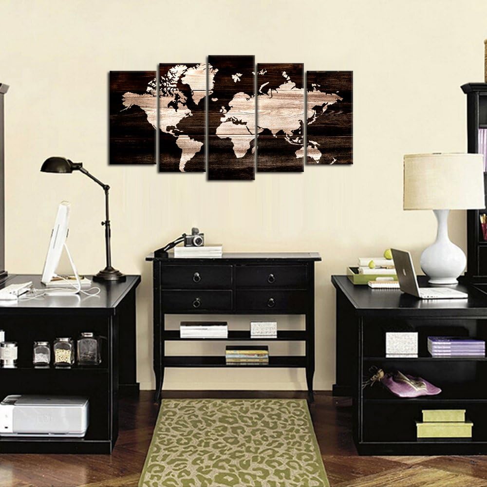 KREATIVE ARTS - Modern Abstract Wall Art World Map Canvas Painting Vintage Style Picture Prints for Living Room Home Decor Ready to Hang 5pcs/Set (Medium Size 40x24inch)