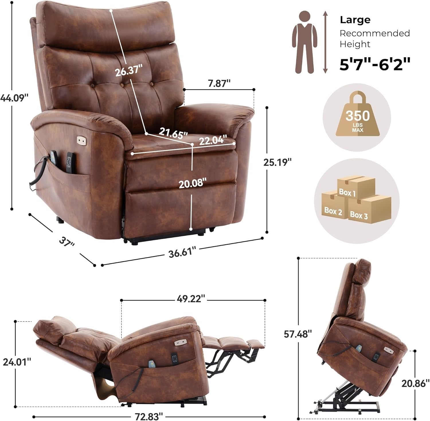 Recliner Chair, Electric Power Lift Recliner Chair for Elderly, Leather Reclining Sofa with Massage and Heat, Adjustable Recliner Couch for Living Room with USB Port