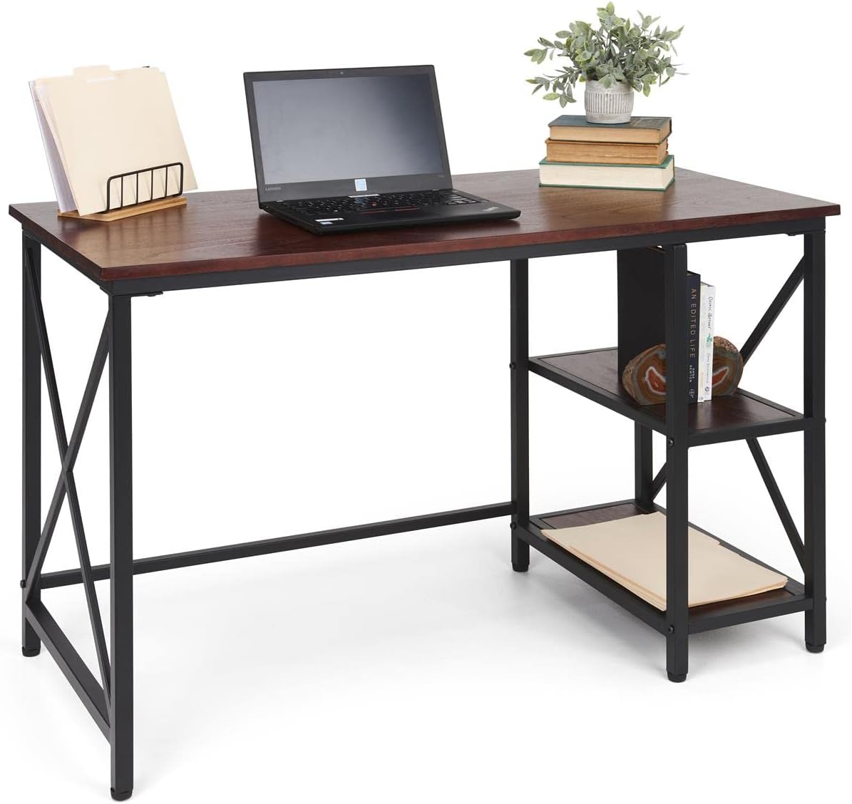 Displays2go Industrial-Style Desk, Two Shelves, Steel X Sides - Dark Wood Tone (FDXDESKBRN)