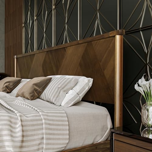 Acacia Panthera Solid Wood Bed Frame with High Headboard Art Deco Premium Wood Bed (Caramel, Queen)