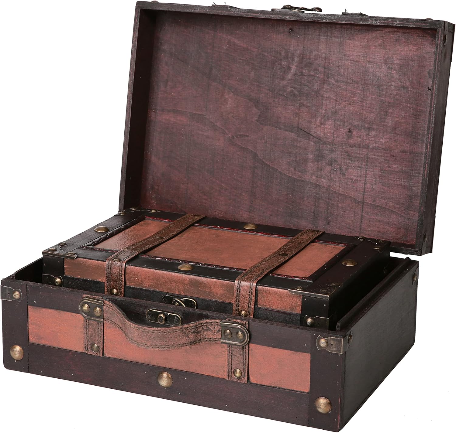 Vintage Wooden Treasure Chest Suitcases - Set of 2: Decorative Storage Trunks with Hinged Lids, Memory Boxes for Keepsakes, Pirate Chest, Wooden Chest & Trunk, Vintage Suitcase Décor (Crawford)