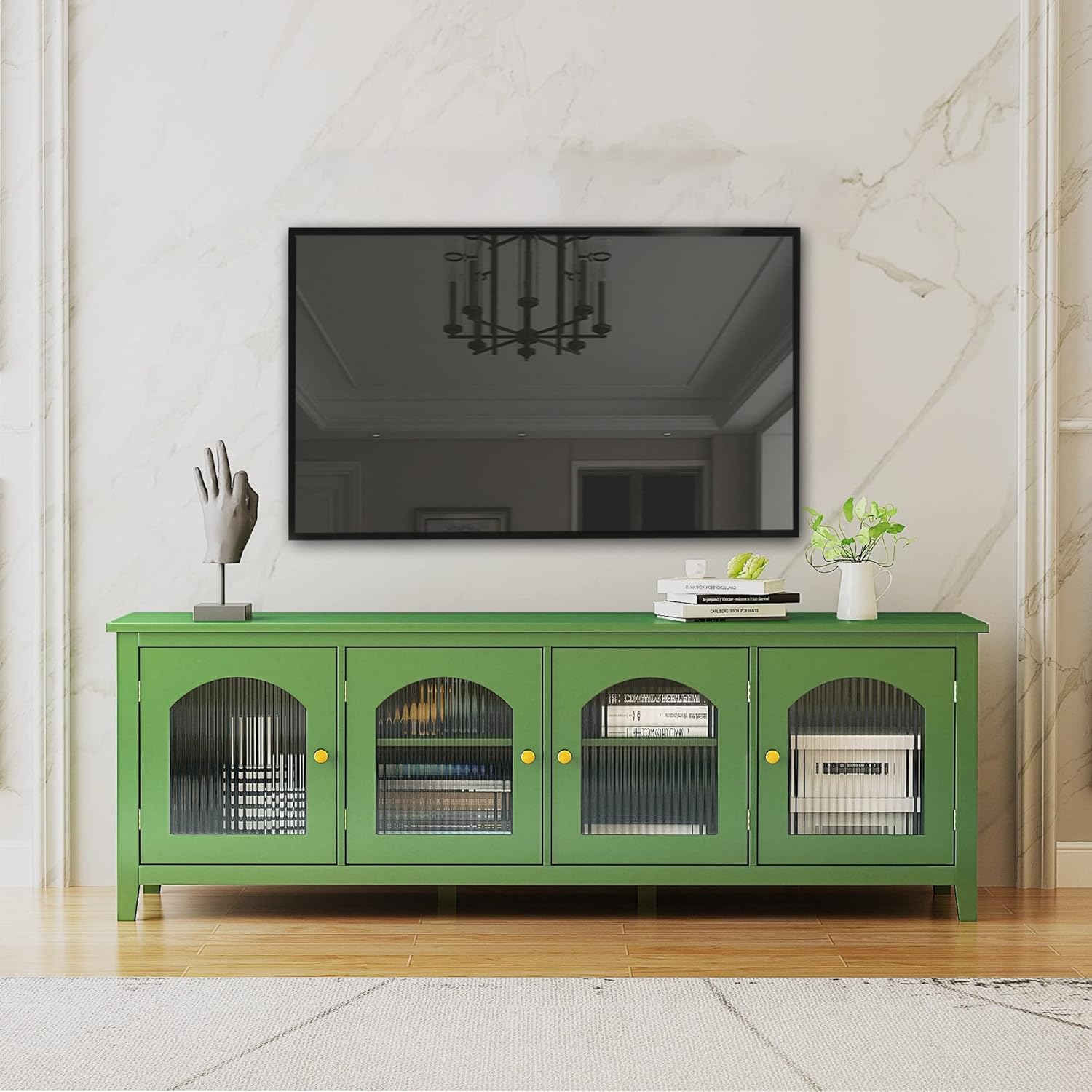 Walnut Tv Stand Geometric Pattern Drawers Cable Storage Sturdy Solid Wood Legs Green Rustic Matte Glass Doors