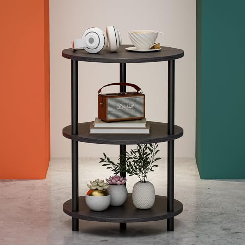Round Side Table Living Room - Small Accent Table with 3 Tier Shelves, Rustic Wooden Couch End Table for Bedroom or Living Room, Reinforced Metal Legs, Set of 2, Charcoal Gray