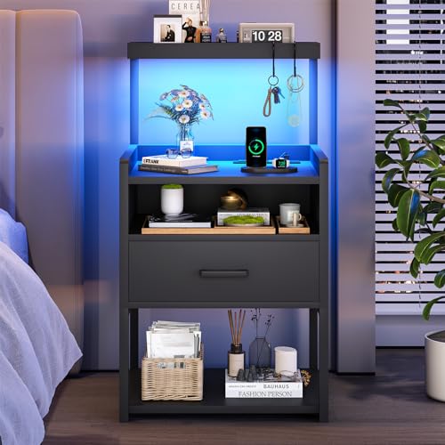 AOGLLATI Nightstand Set of 2 with Charging Station, Black Night Stands for Bedroom Set of 2, Bedside Table with Storage Drawer and LED Light, End Side Table with USB Ports Easy Assembly