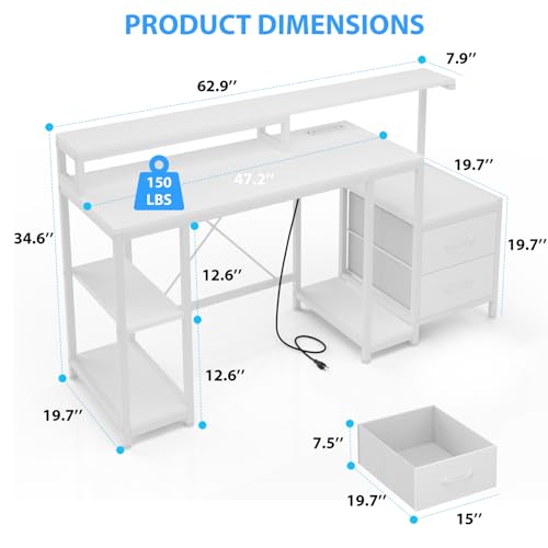 Home Office Desk with LED Light & Power Outlets, 63 inch Computer Desk with Monitor Stand and Printer Space, Gaming Desk with Drawers and Storage Shelves for Study Writing Working, Black