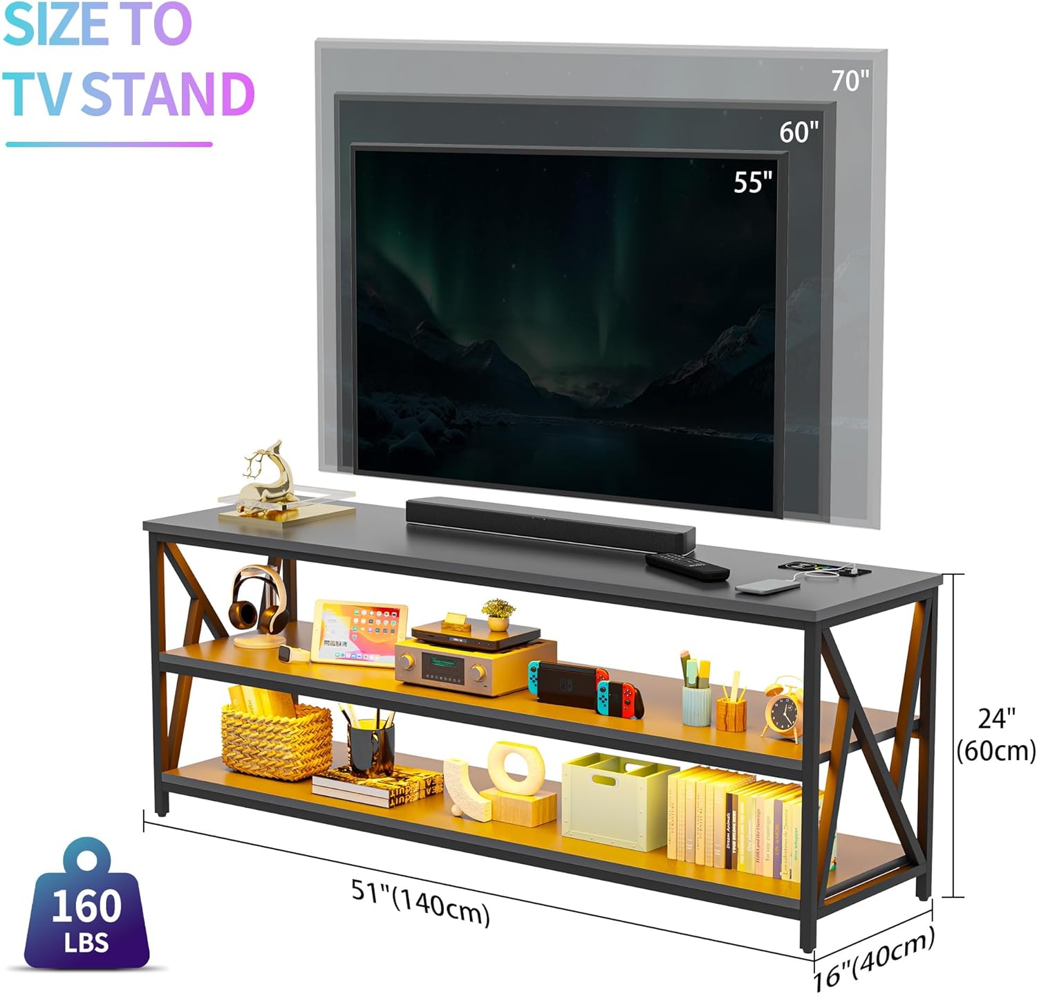 Lvifur LED TV Stand up to 70''Televisions, Farmhouse TV Console Table with RGB 24 Colors Dimmable, Industrial Entertainment Center with Human Body Sensor for Living Room Bedroom(Gray)