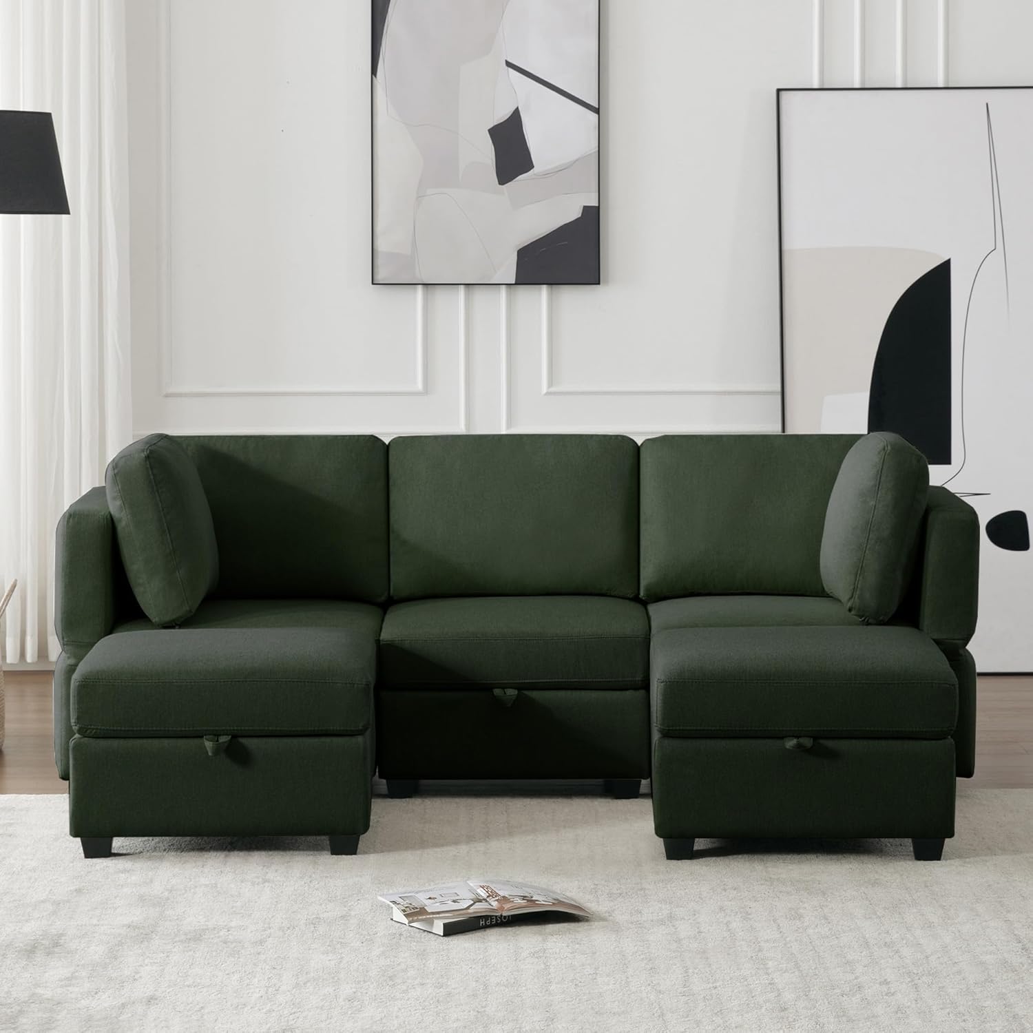 Reversible Sectional Sofa Modern Modular Sectional Couch with Chaise U Shaped Corner Sectional 5 Seater Modular Sofa with Storage Seats, Adjustable Arms and Backs - Green