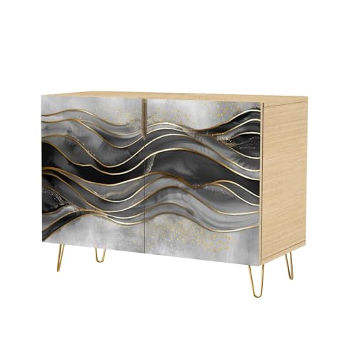 Mid Century Sideboard Buffet Kitchen Storage Cabinet with 2 Doors Pastel cyan mint liquid marble watercolor white lines brush stains Cupboard Console Table Bar Cabinet for Dining Room Hallway