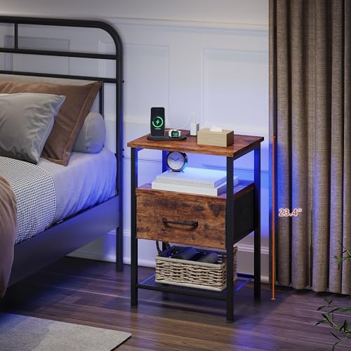 Night Stand Set 2, End Table with Charging Station, LED Bedside Table with Fabric Drawer for Bedroom, 3-Tier Side Table with Open Shelf, Greige