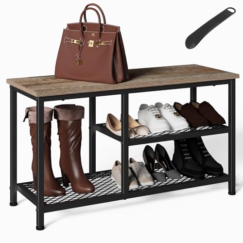 Maxtown Shoe Rack Bench for Entryway, 3 Tier Shoe Rack with Hooks and Shoehorn, Storage Benches for Small Spaces, Entryway Shoe Storage with Wood Bench, Free Standing Shoe Organizer, (Dark Grey)