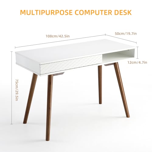 Mid Century Modern Writing Desk, Simple Home Office Desk with Drawer Solid Wood Legs & Open Shelf, Small Vanity Table Desk for Bedroom, Walnut