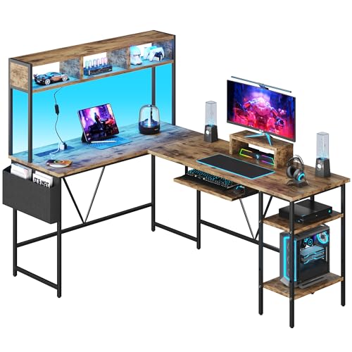 Furmax L Shaped Gaming Desk with LED Lights&Power Outlet, Reversible Corner Computer PC Desk Table with Storage Shelves, Keyboard Tray, Monitor Stand Home Office Gaming Working Studying (Grey)
