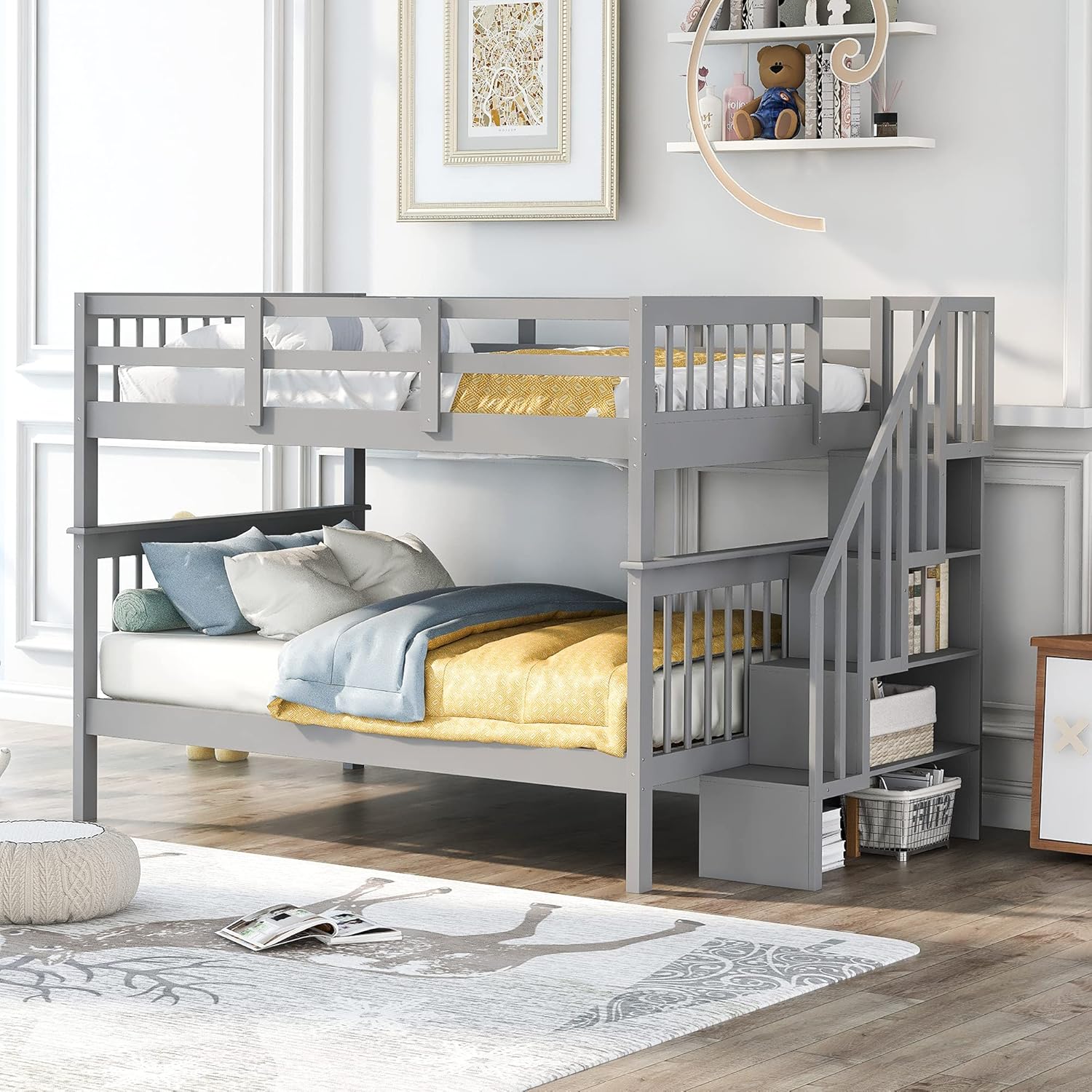 Full Over Full Size Bunk Bed with Stairs Storage, Wooden Bunkbeds with Guard Rails and Staircase, can be Convertible into 2 Low Platform Bedframe, for Kids Teens Adults Bedroom, Gray