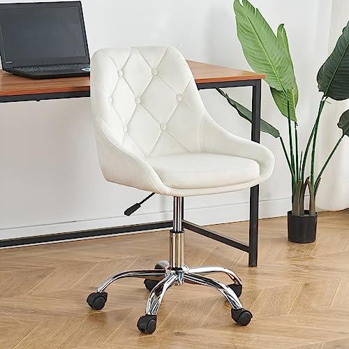 Cute Velvet Office Desk Chair,Upholstered Home Velvet Executive Chair Swivel Leisure Chair with Wheels,Ergonomic Office Chair for Living Room,Bedroom,Office,Vanity Study(Cream Color)