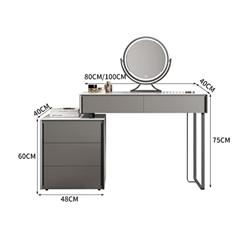 Dressing Table Wood Slate Dressing Table Bedroom Simple Gray Makeup Table Side Cabinet Makeup Stool Mirror Telescopic Side Cabinet Wooden Dressing Table Dressing Table with Mirror(100cm)