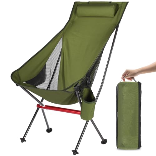 OKYUK Camping Chair, High Back Portable Folding Chair, Aircraft Grade Aluminum Alloy Structure, Built-in Pillow, Side Pocket & Carry Bag, Compact & Heavy Duty for Outdoor Backpacking (Brown)