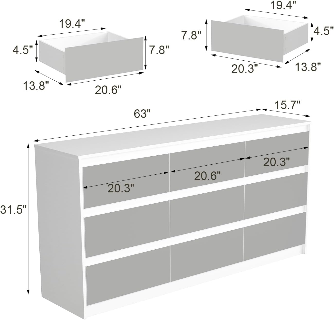 Homsee 9 Drawers Double Dresser with Mirror Fronts, Modern Wood Dresser Chest of Drawers with Large Storage Space for Bedroom, White (63”L x 15.7”W x 31.5”H)
