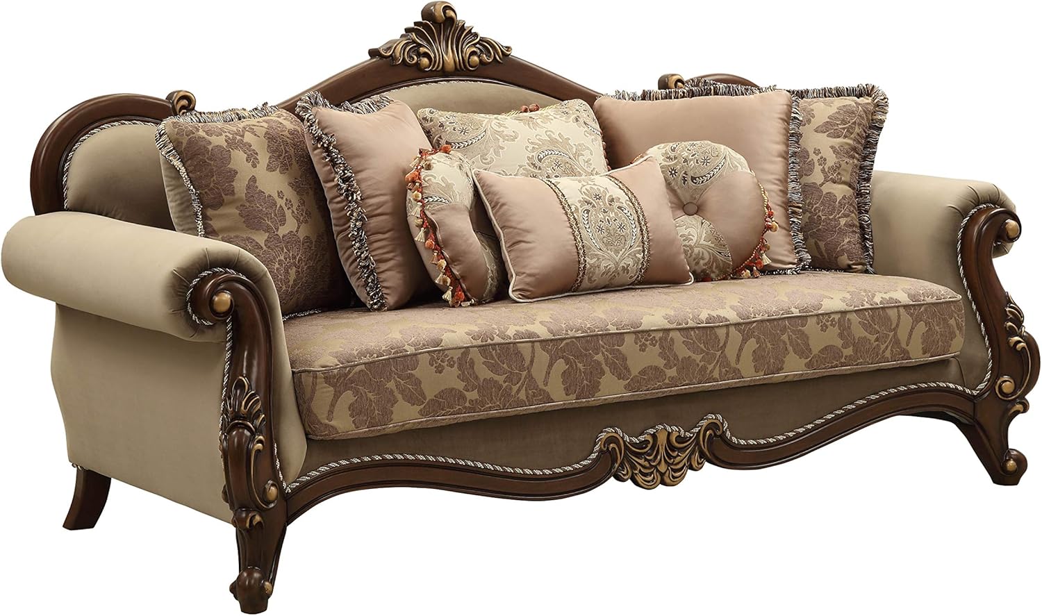ACME Furniture Mehadi Sofa, Tan and Floral Fabric, Walnut Wood Trim