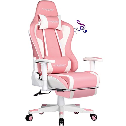 GTRACING Gaming Chair with Footrest Speakers Video Game Chair Bluetooth Music Heavy Duty Ergonomic Computer Office Desk Chair (Pink)