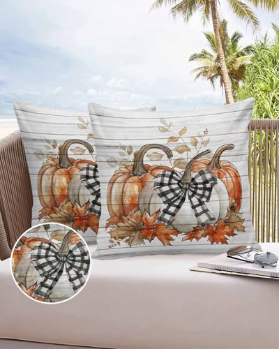 Outdoor Pillow Covers Waterproof, Fall Bow Pumpkins Throw Pillowcase Decorative Cover, Autumn Vintage Maple Leaf Wooden Garden Cushion Case Set of 2 for Sofa, Couch, Tent, Patio, 18