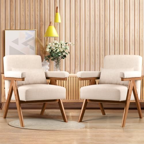 Waleaf Mid Century Modern Accent Chair Arm Chair with Padded Armrests, Upholstered Living Room Chair with Solid Wood Frame & Soft Cushion, Retro Reading Chair for Bedroom Sunroom