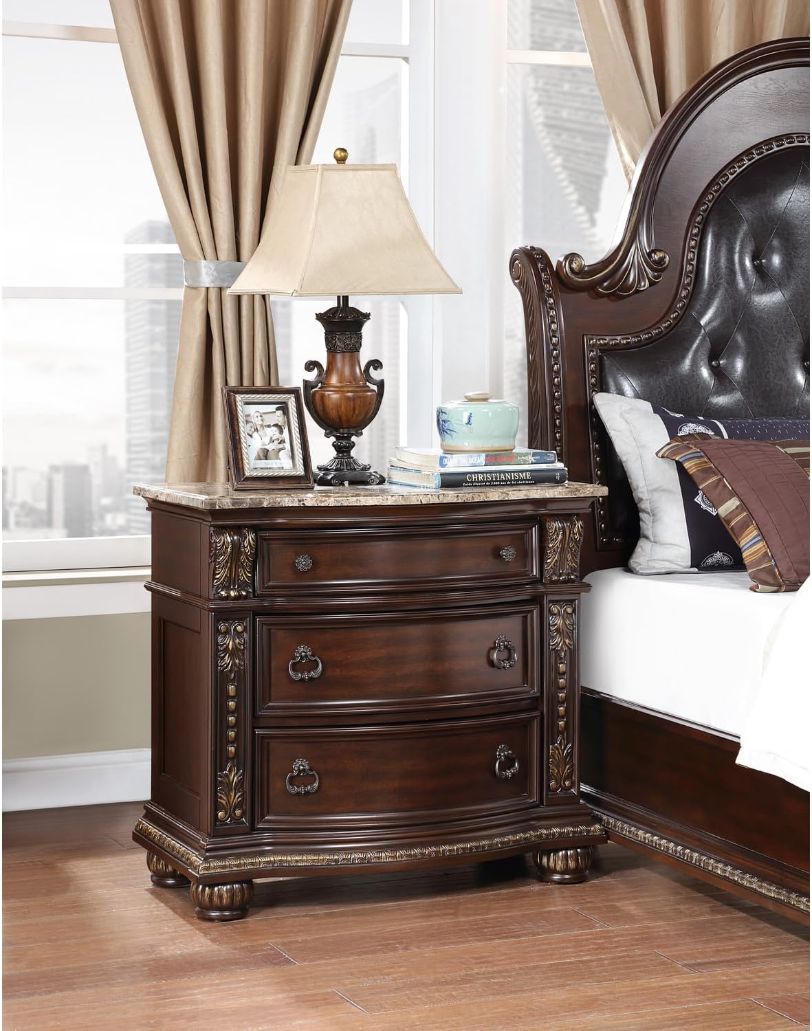 Glory Furniture Lucca Solid Wood 3-Drawers Bedroom Nightstand in Dark Cherry