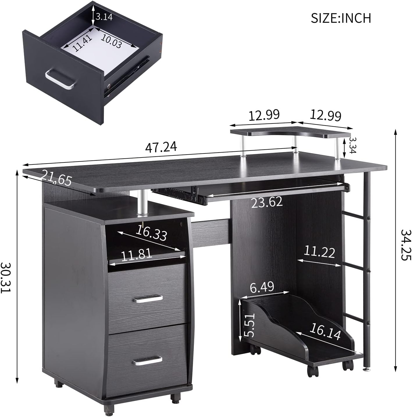 Solid Wood Computer Desk,Office Table with PC Droller, Storage Shelves and File Cabinet, Two Drawers, CPU Tray,a Shelf Used for Planting, Single, Black. 47.24''L 21.65''W 34.35''H