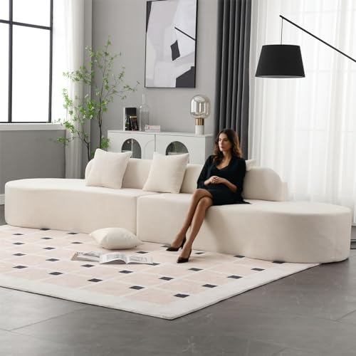 130 Inches Sofa Couches for Living Room Modern Curved Sofa with Three Pillows, Minimalist Cloud Sofa with Ergonomic Backrest Mid Century Modern Couch for Living Room, Apartment, Office - Beige