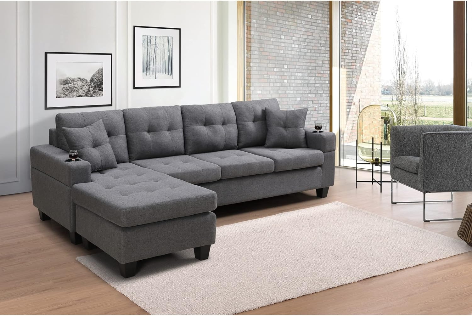 Overstock Polyester Fabric Sectional Sofa Black