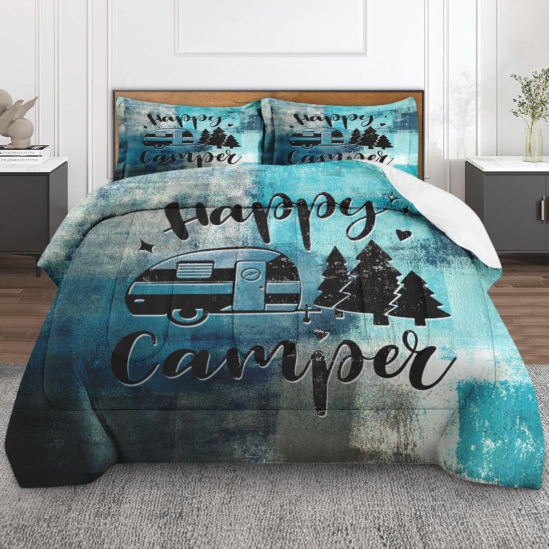 Turquoise Grey Painting Comforter Set Full Size, Happy Camper Teal Soft Bedding Set with 2 Pillowcases for Girls Teens Kids Boys Adults Bedroom Bed Decor,1 Quilt 2 Pillow Cases