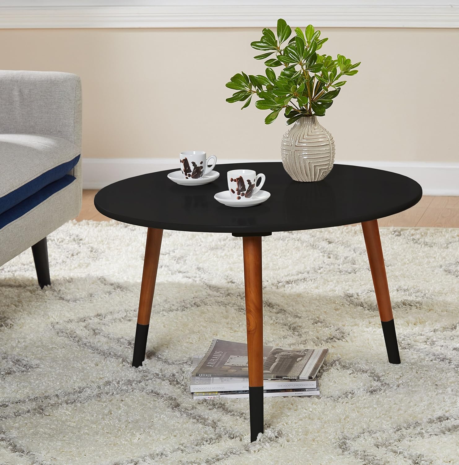 Target Marketing Systems Livia Collection Ultra Modern Round Coffee Table With Splayed Leg Finish, Black/Wood
