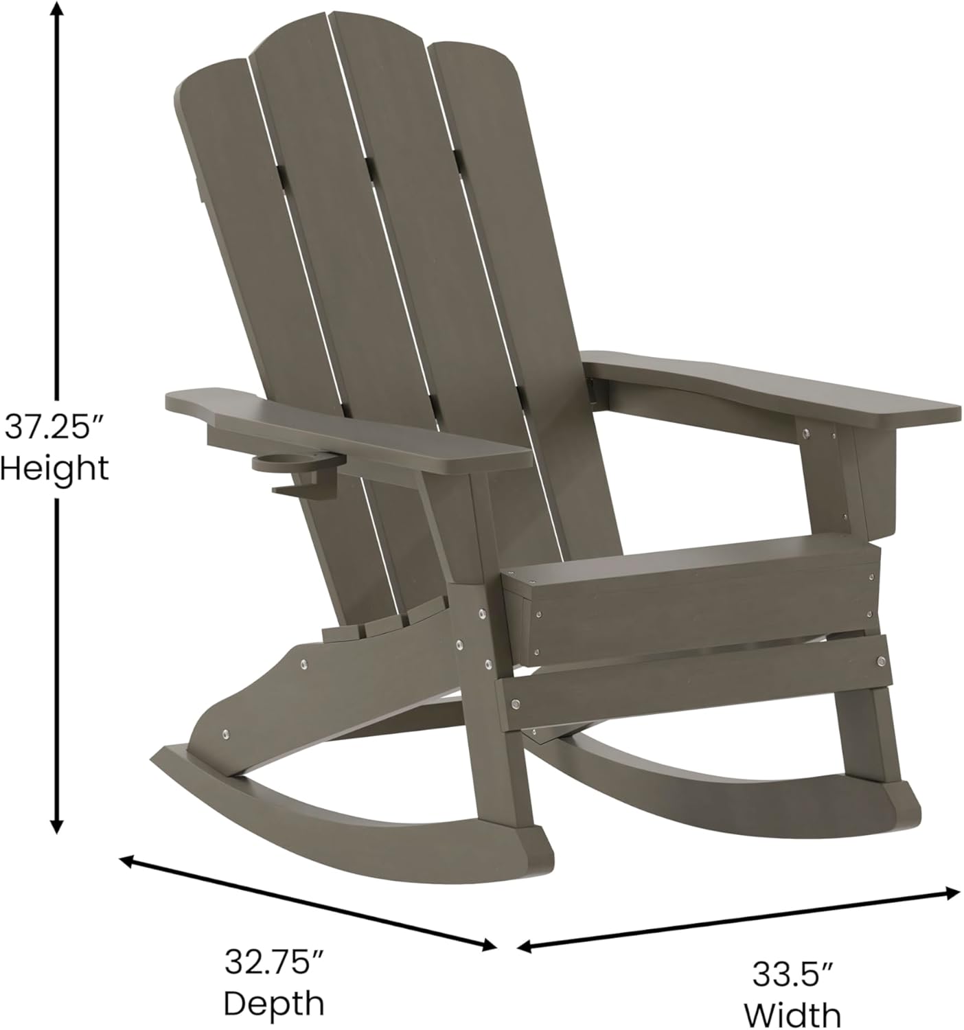 EMMA + OLIVER Tiverton Adirondack Rocking Chair with Cup Holder, Weather Resistant Poly Resin Adirondack Rocking Chair, Brown