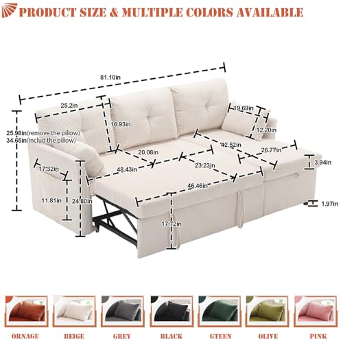 Corduroy Couch with Pull Out Sofa Bed, Sleeper Sofa with Storage Chaise Lounge, Sectional Couch with Comfy Pillows and Pockets, Convertible L Shape Couches for Living Room, Bedroom, Office, Beige