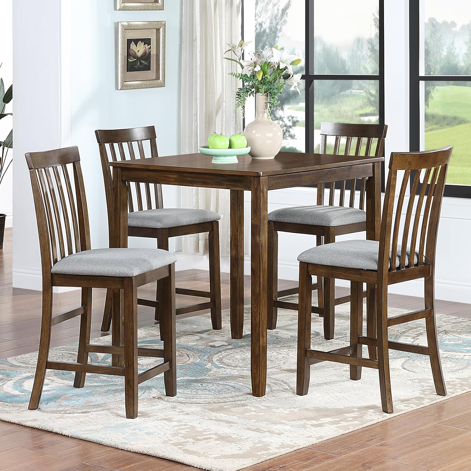 5 Piece Counter Height Dining Table Set for 4, Farmhouse Kitchen Table Set with 4 Vertical Back Upholsterd Chair, Space Saving High Top Table and Chairs for Dining Room, Kitchen, Pub (Walnut)