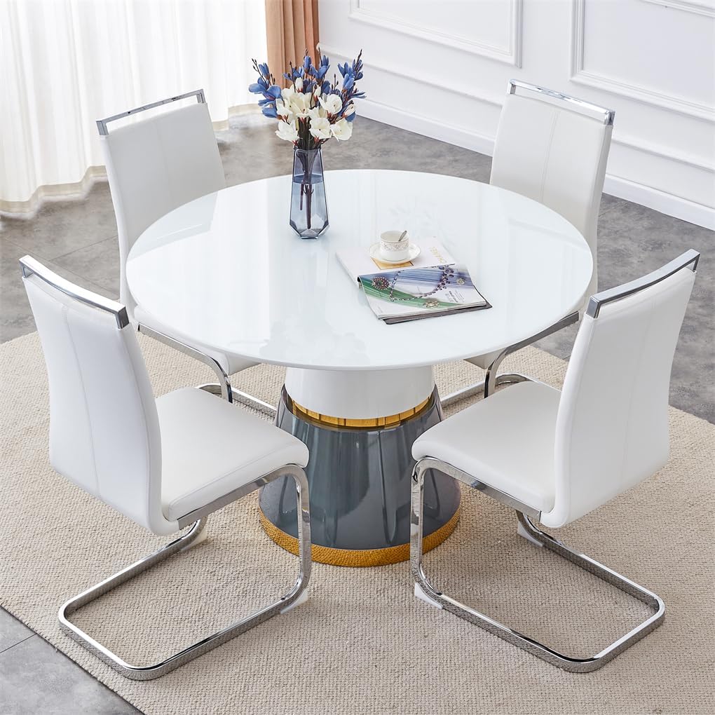 Round Dining Table Set for 4, 45'' Modern Dining Table Kitchen Table White Round Faux Marble Dining Table for Dining Room (White-Grey Table+Style 5 White Chairs, 45'' Table+4 Chairs)