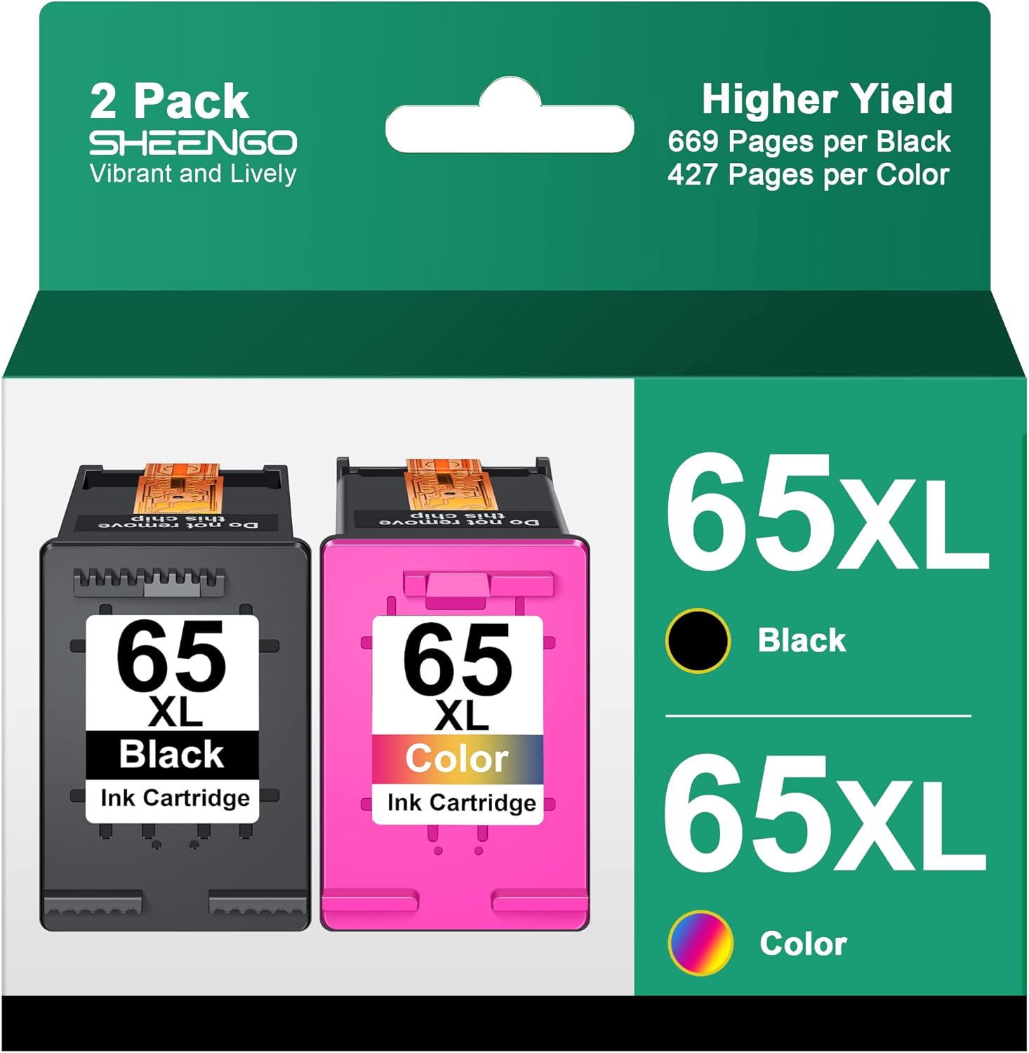 65XL Ink Cartridges Combo Pack Replacement for HP 65 Ink 65XL High Yield Work with DeskJet 3772 3755 3722 3752 3700 2600, Envy 5055 5000 5070 5052 5014 Printer(1 Black, 1 Tri-Color)
