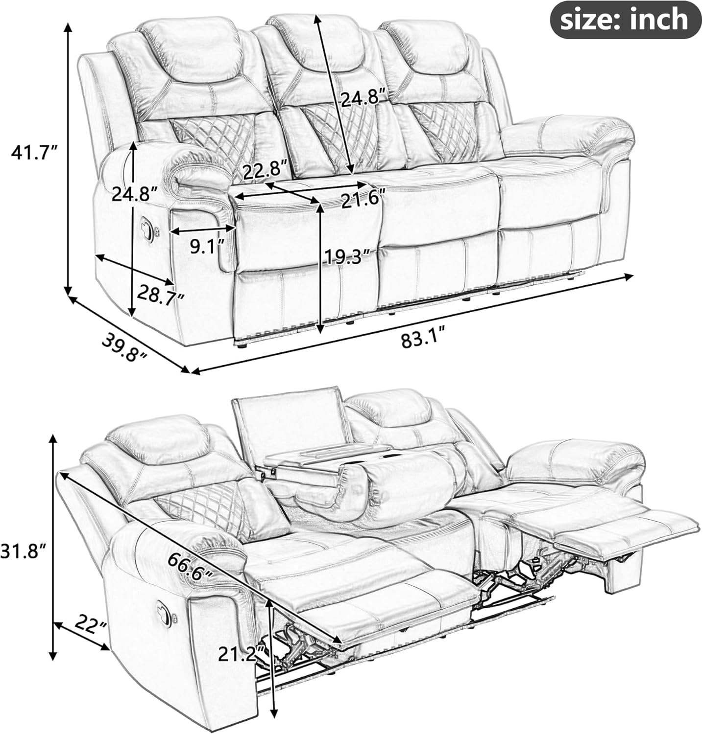 Home Theater Seating Manual Recliner Chair with Center Console and LED Light Strip for Living Room, Brown